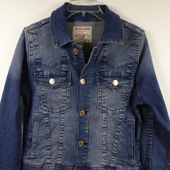 True Religion Jimmy Trucker Jacket Women's Size L Blue Denim Slim Western - Picture 2 of 8